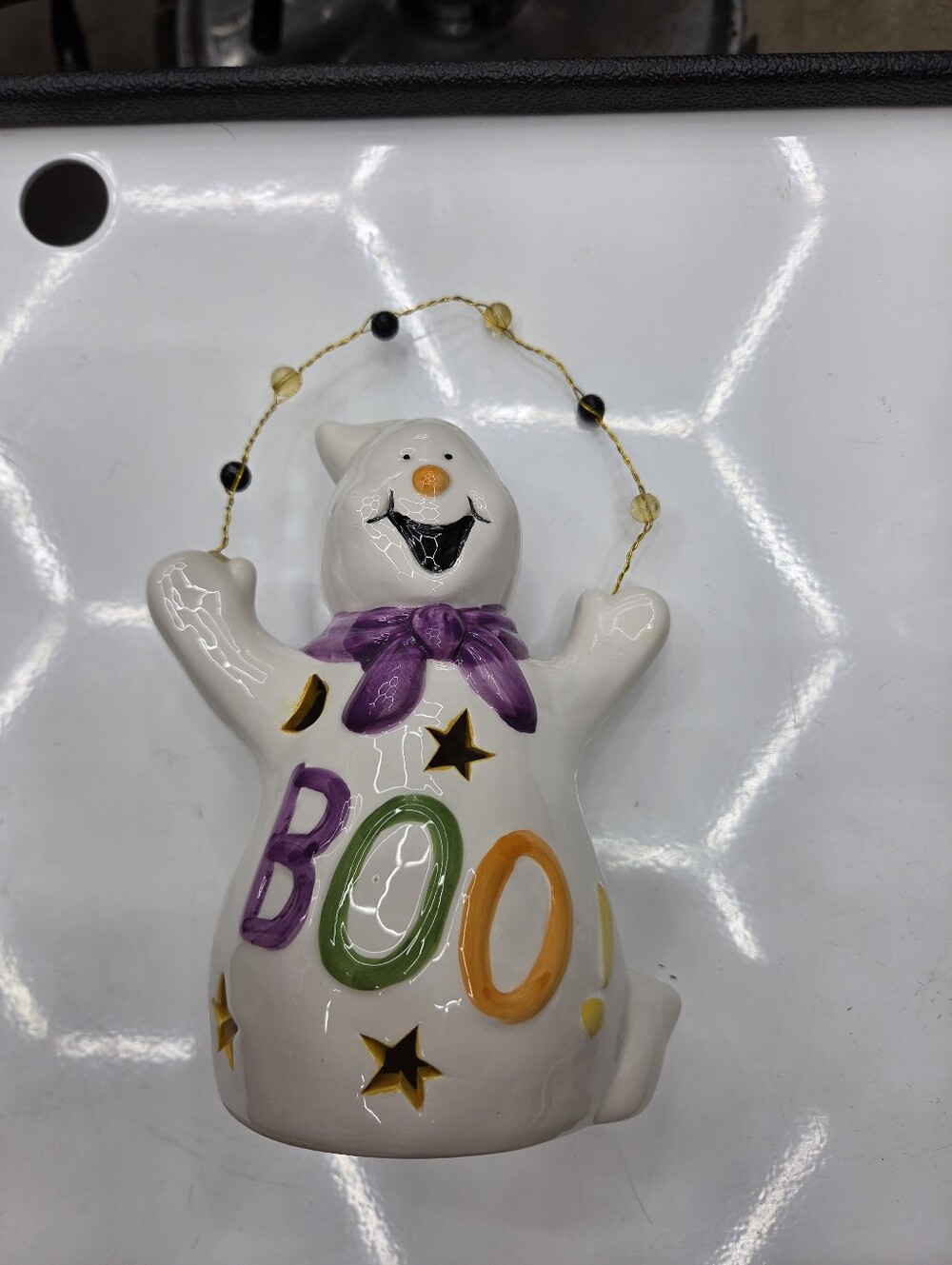 Ceramic Halloween Ghost Tealight Votive Holder - "BOO!" Beaded Wire Handle Decor